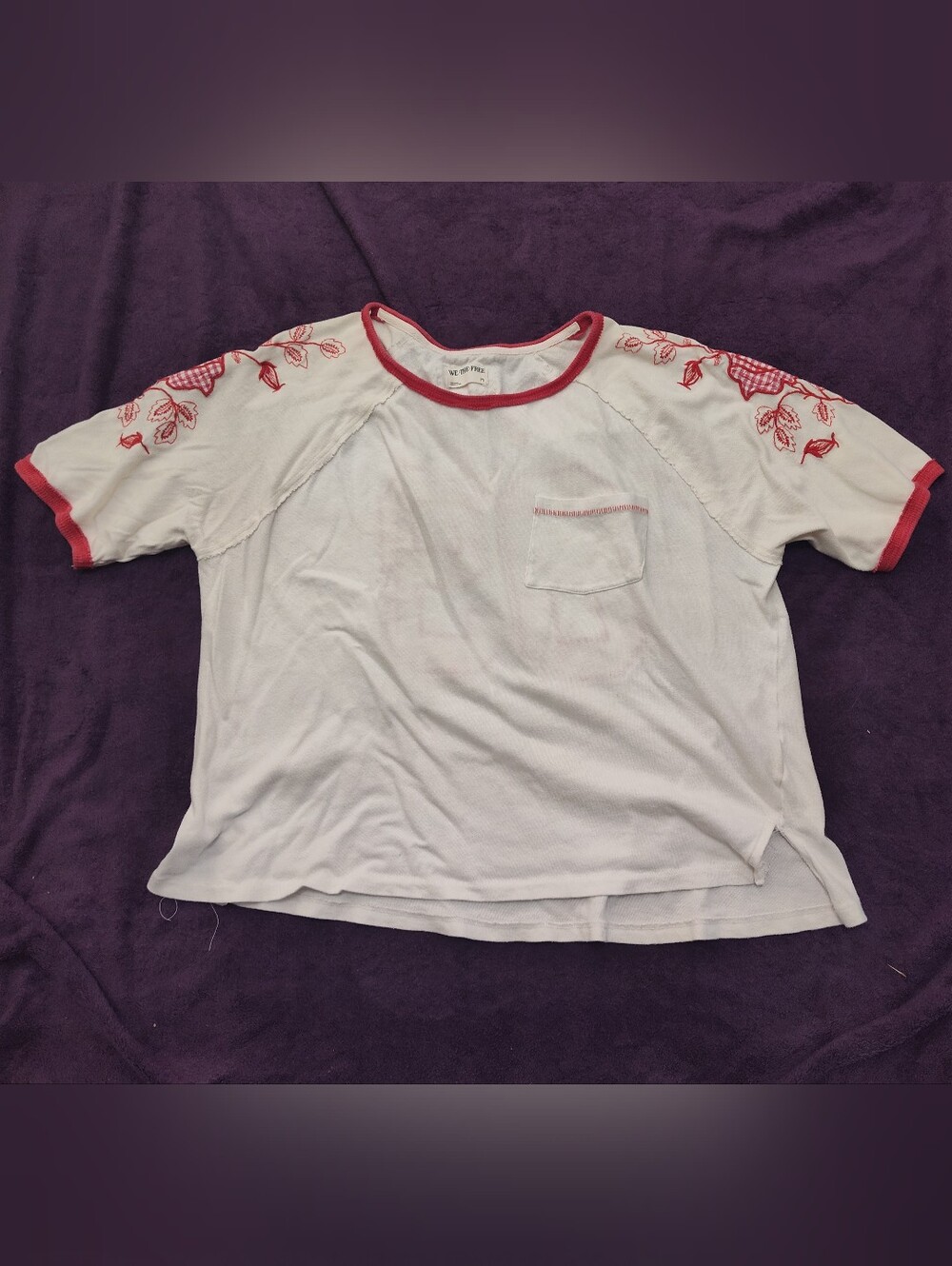 We The Free White Tee with Red Trim and Embroidered Sleeves